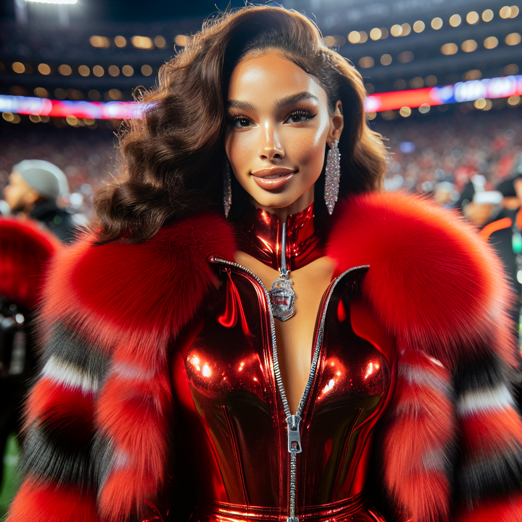 Brittany Mahomes Stuns in Bold Red Latex and Luxe Fur Ensemble at the 2024 Super Bowl